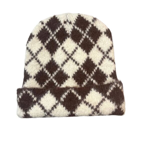 Anthropologie Cozy Argyle Beanie, White & Brown New With Tags - Picture 2 of 5